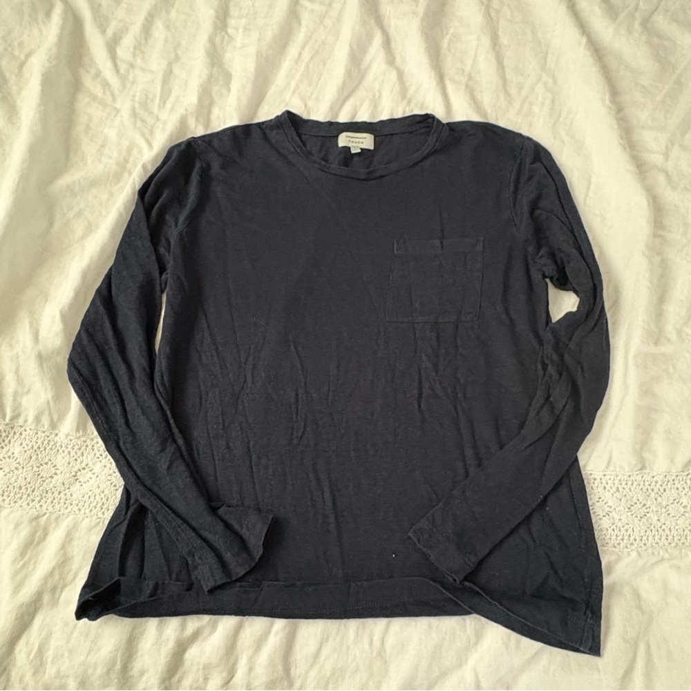 Rough Linen Large 100% Linen Long sleeve top blouse patch pocket navy blue Touch